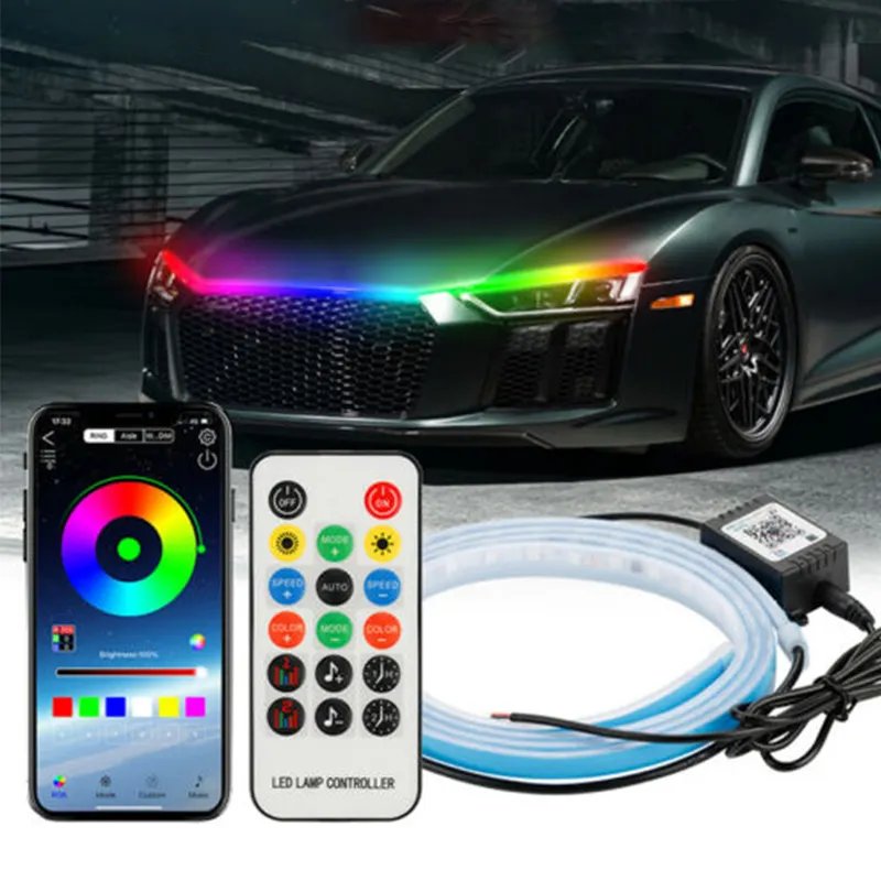 12V Hood Light Strip DRL Turn Signal Light Dream Color Switchback Dynamic Scan Start Up 1.5M Led Car Hood Light Strip
