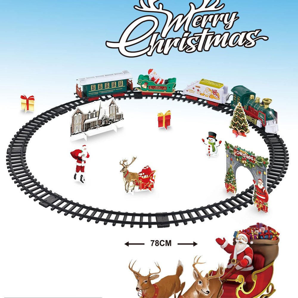 78CM Assemble Track Musical Lights Merry Christmas Car Carton Scene Electric Smoke Christmas Train Set for Kids Gift Set