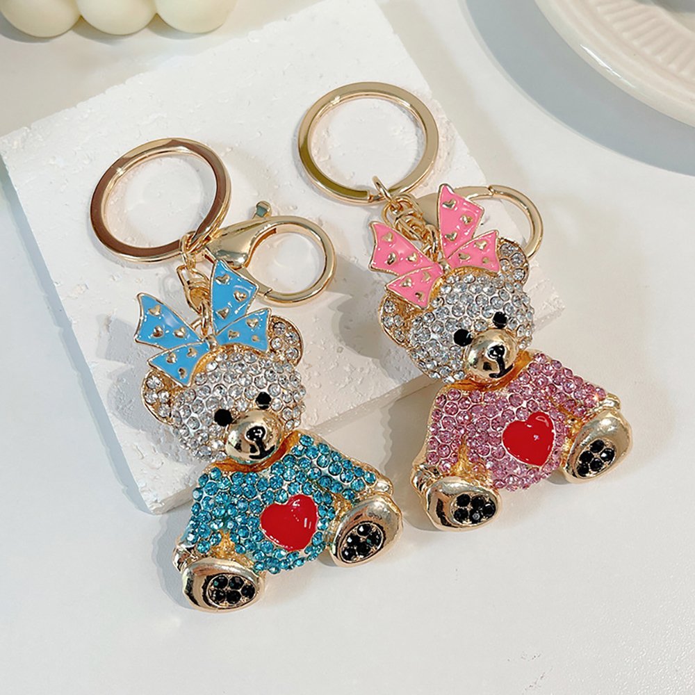 Custom Creative Bear Pendant Keychain with Bow Rhinestone Crystal Handbag Decorative Metal Keychains