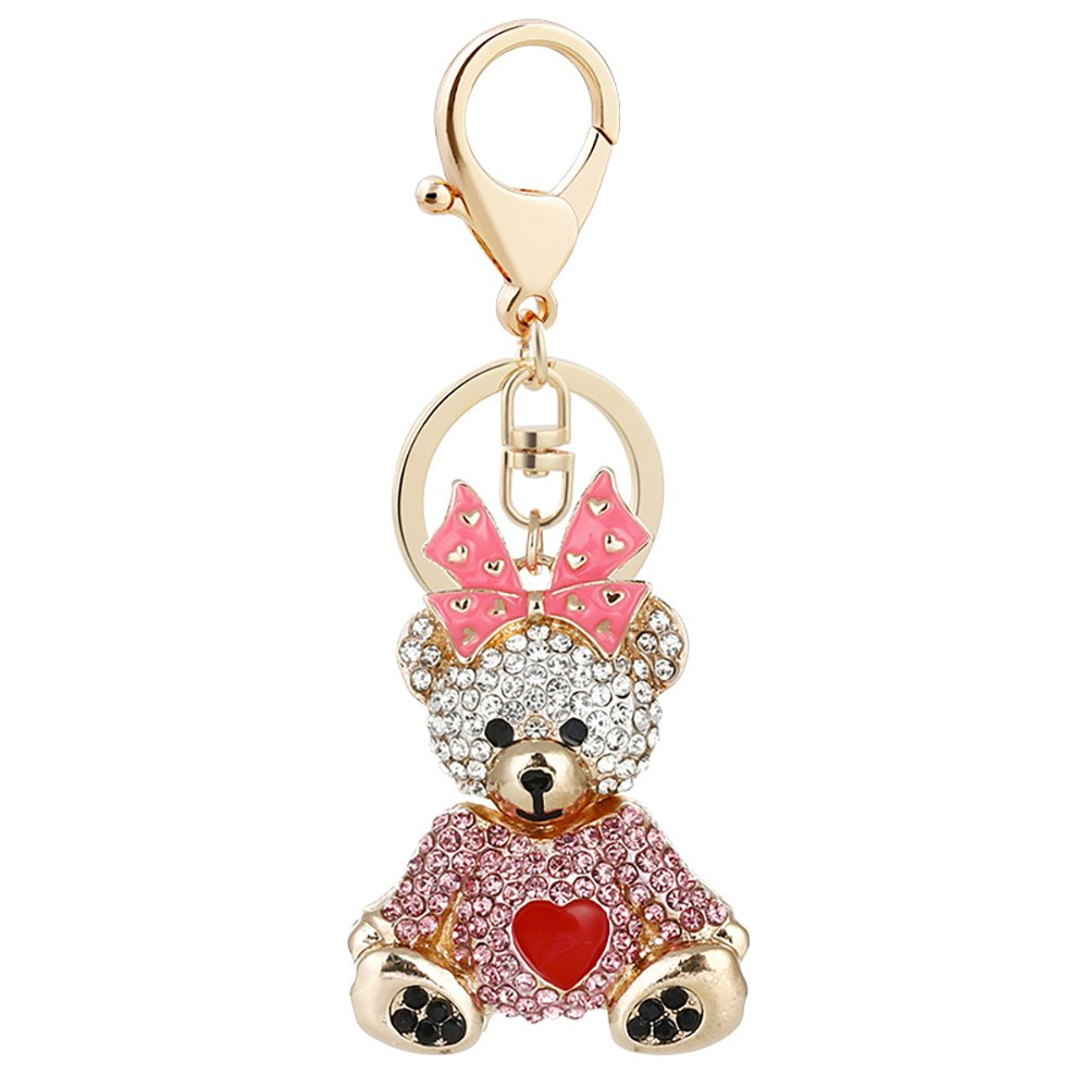 Custom Creative Bear Pendant Keychain with Bow Rhinestone Crystal Handbag Decorative Metal Keychains