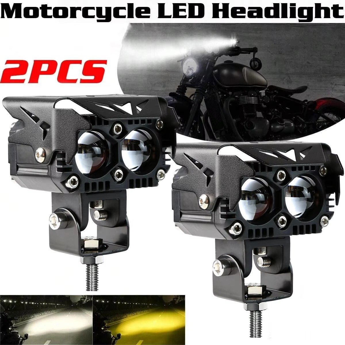 High Quality Dual Colors Moto Bike Fog DRLs Offroad Work LED Motorcycle Spotlights Headlights for Car ATV Jeeps SUV