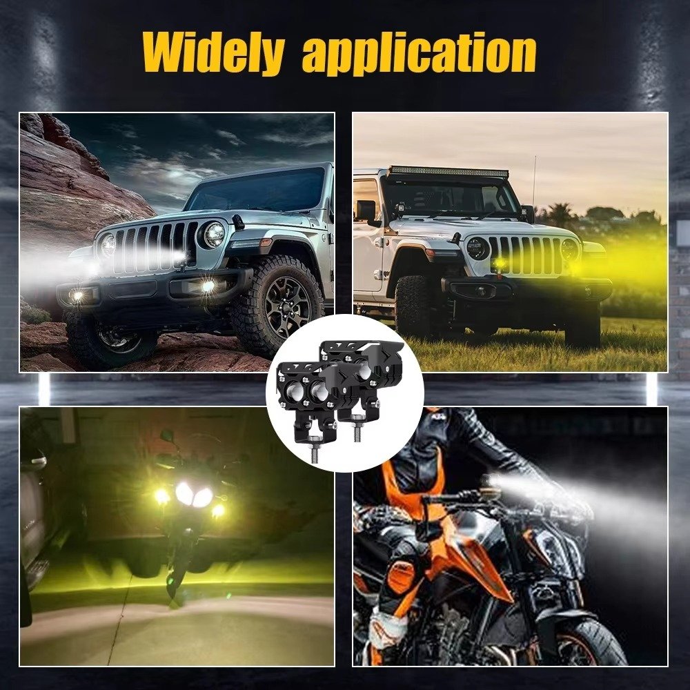 High Quality Dual Colors Moto Bike Fog DRLs Offroad Work LED Motorcycle Spotlights Headlights for Car ATV Jeeps SUV