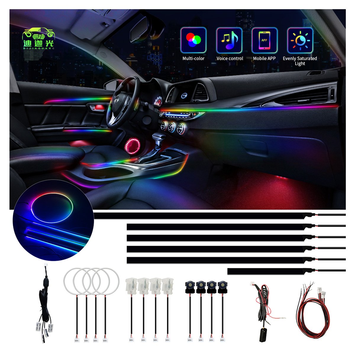 Fiber Optic Ambient Lighting Kits 22 in 1 Acrylic Interior Car LED Neon Lights Music Mode RGB Inside Car Lights with App Control