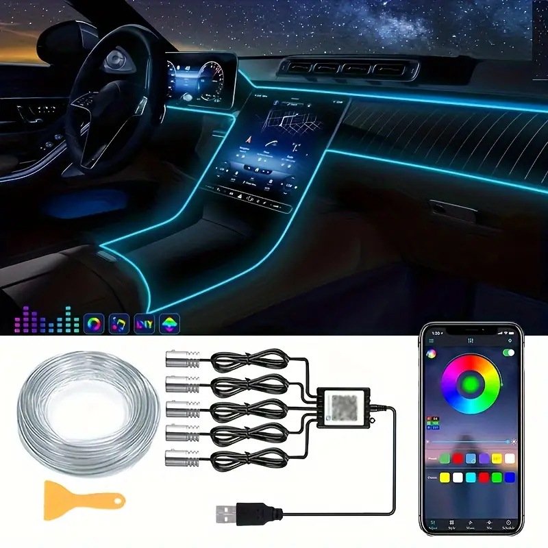 Car Interior Ambient Light Decorative Guide Lamp Fibre Optic Atmosphere Lighting APP Control RGB Cold Lights