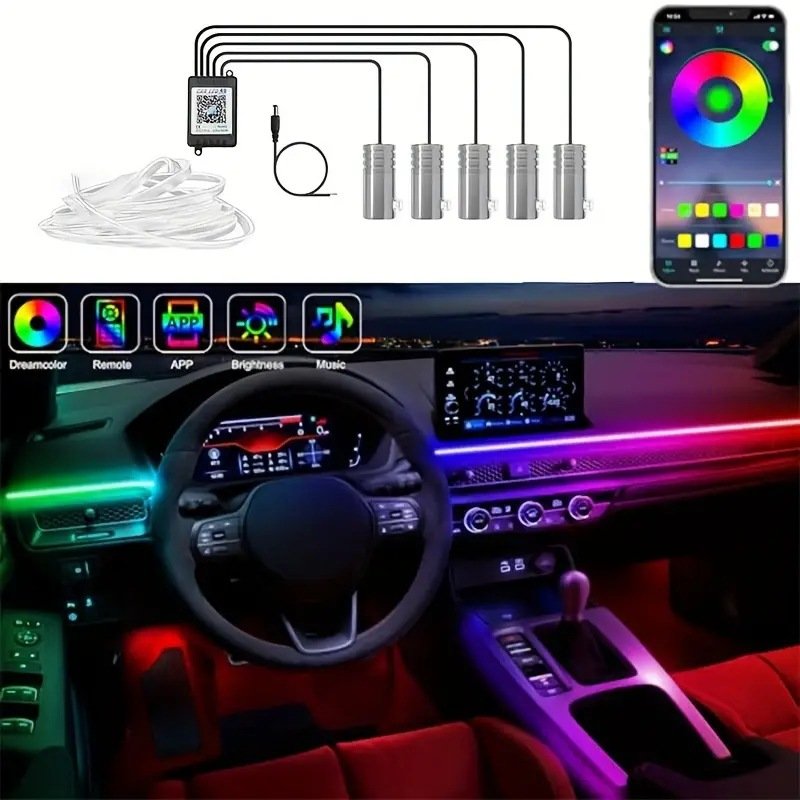 Car Interior Ambient Light Decorative Guide Lamp Fibre Optic Atmosphere Lighting APP Control RGB Cold Lights