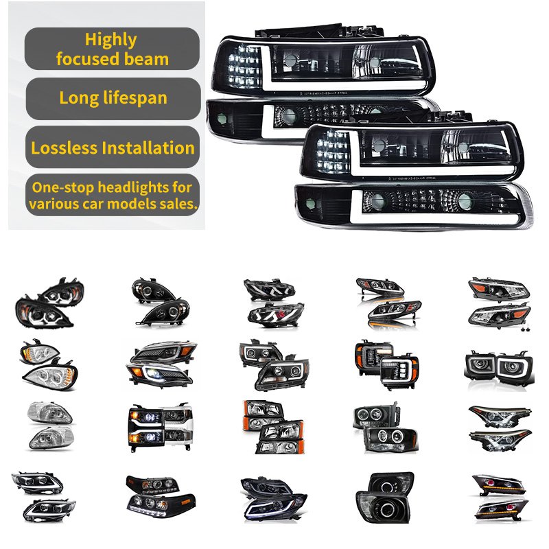 YZX LED Headlights Compatible for Chevy Silverado 1999-2002 Smoky Lens Black Housing Amber Reflector Left+Right Side