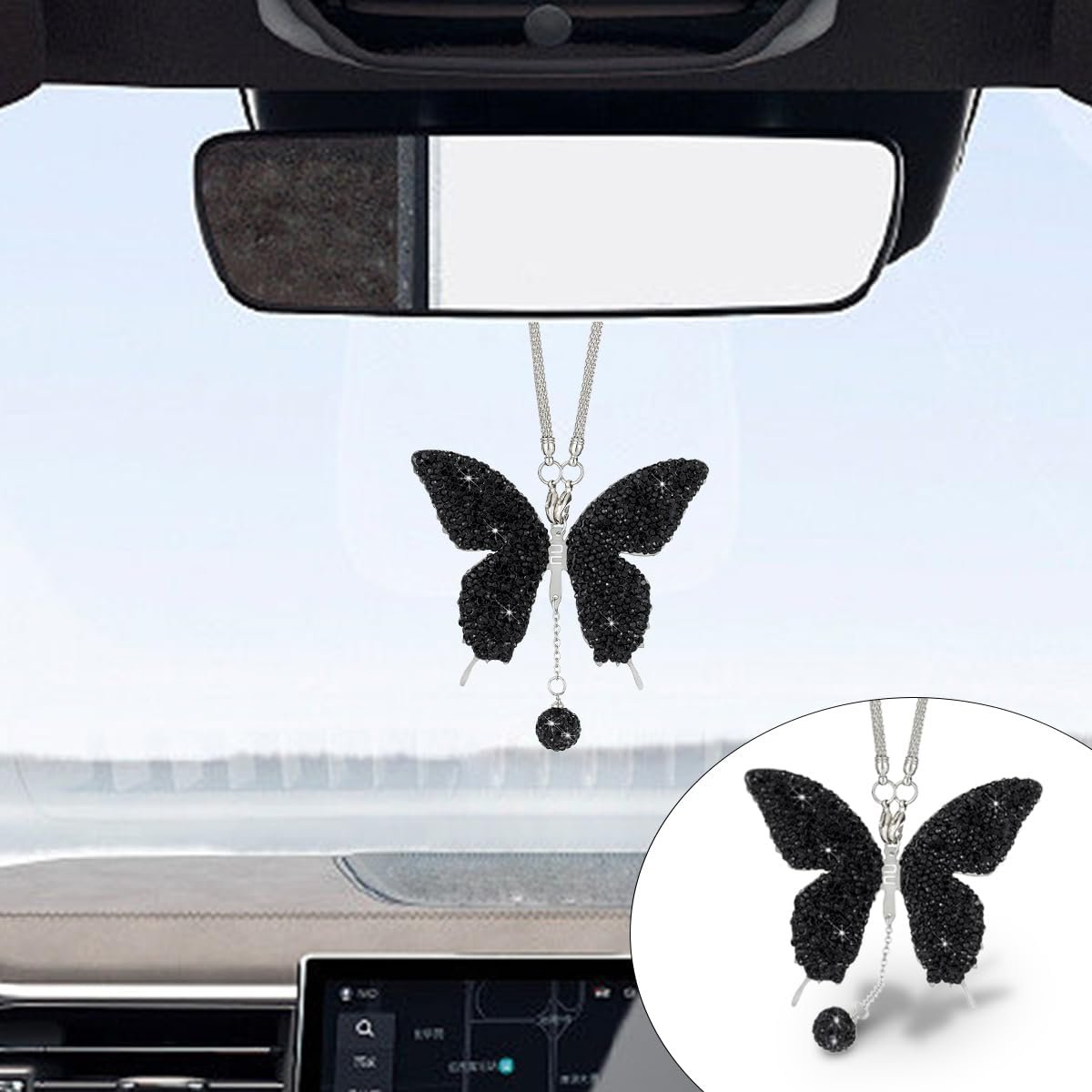 Bling Butterfly Diamond Car Accessories for Women Crystal Rear View Mirror Charms Decoration Hanging Interior Ornament Pendant