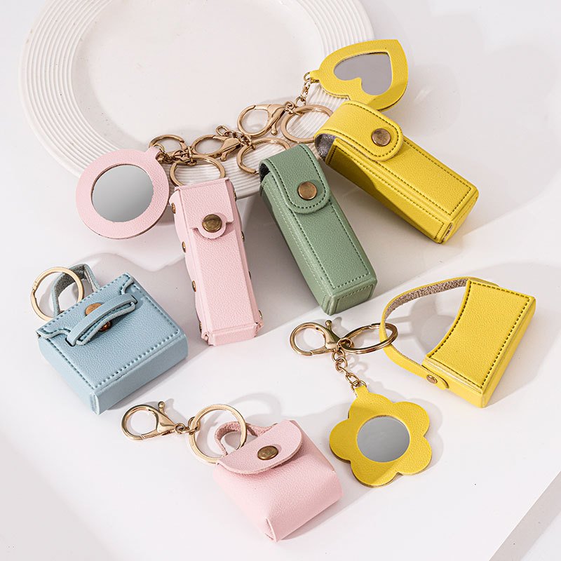 Portable lipstick bag creative small mirror keychain gift PU leather car bag charm keychain