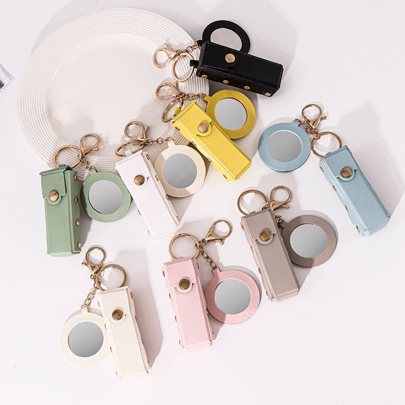 Portable lipstick bag creative small mirror keychain gift PU leather car bag charm keychain