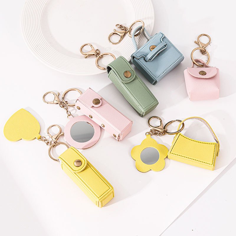 Portable lipstick bag creative small mirror keychain gift PU leather car bag charm keychain