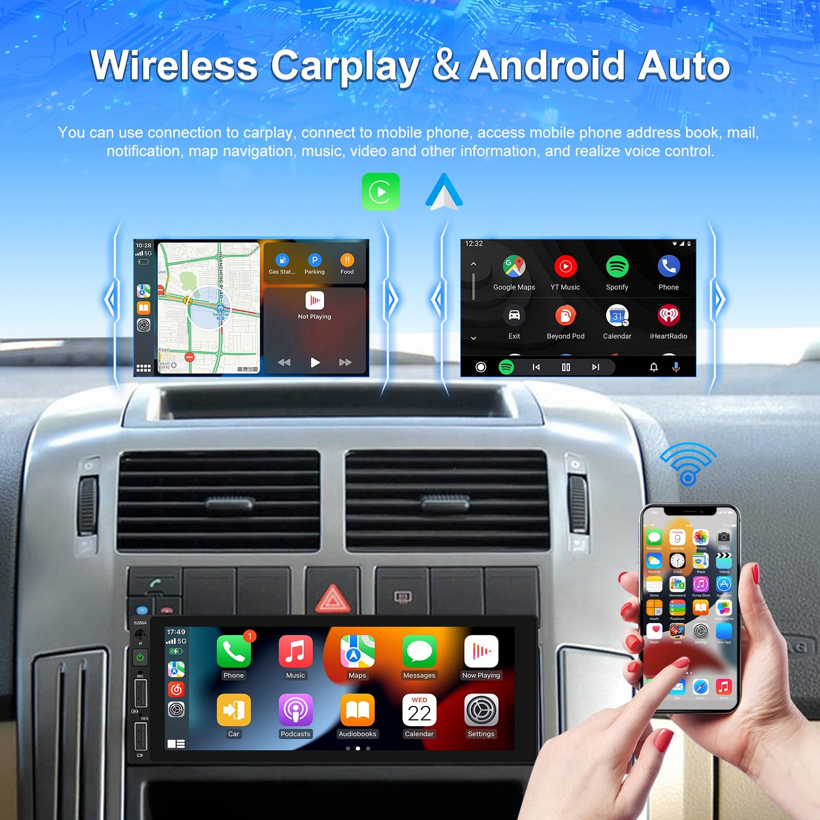 Podofo 6.86 Inch 1 Din Car Radio Wireless Carplay Android Auto EQ/BT/TF/USB/FM/AUX-IN Car MP5 Player OEM Factory