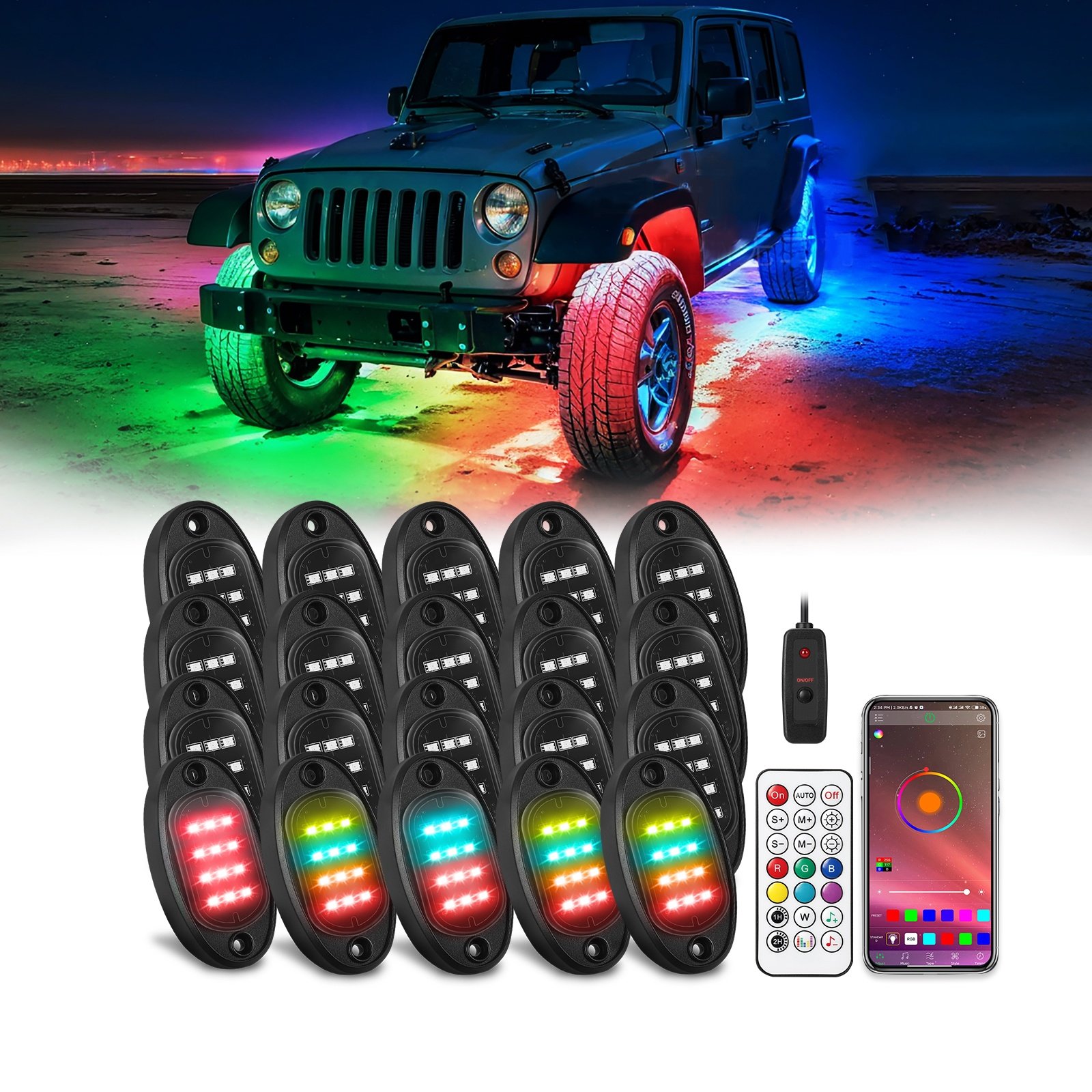 4/6/8/10/12/14/16 Pods Rock LED Light APP Color Rock Light 36w 24w Multicolor 12v Auto Parts Car Accessories