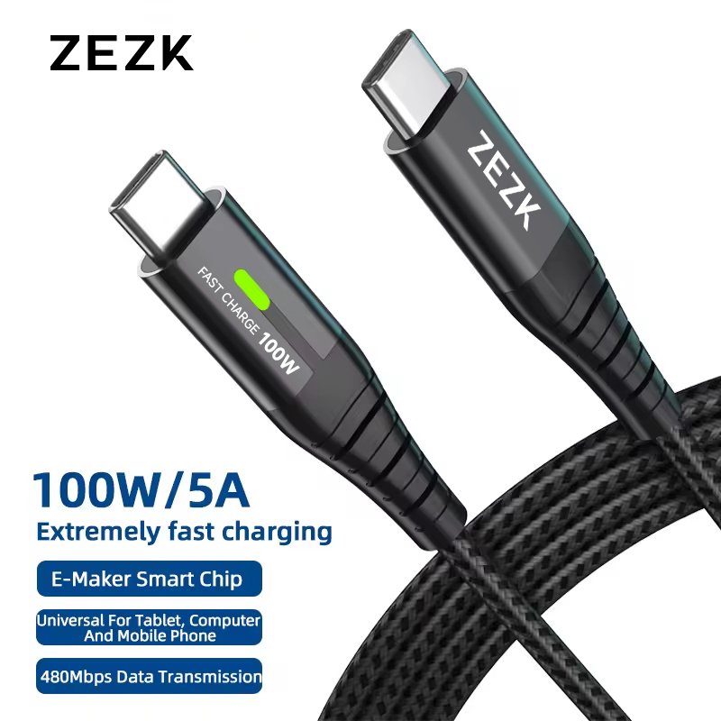 ZEZK phone accessories 2023 charging data cable with led light 100W type c charging cable with light