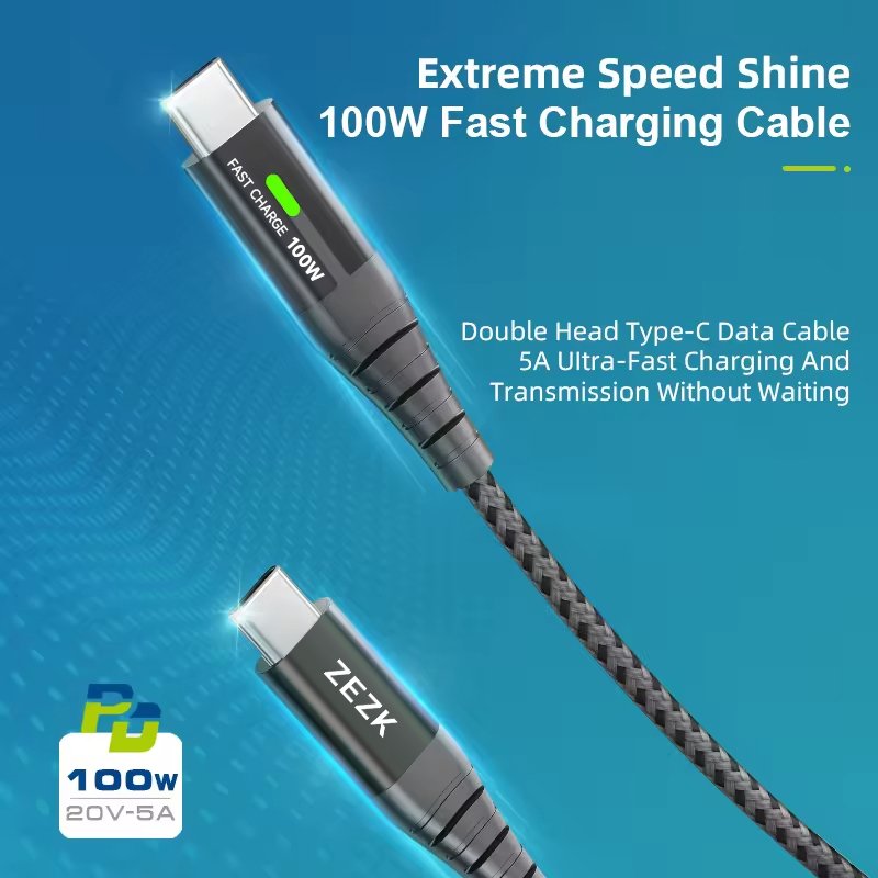 ZEZK phone accessories 2023 charging data cable with led light 100W type c charging cable with light