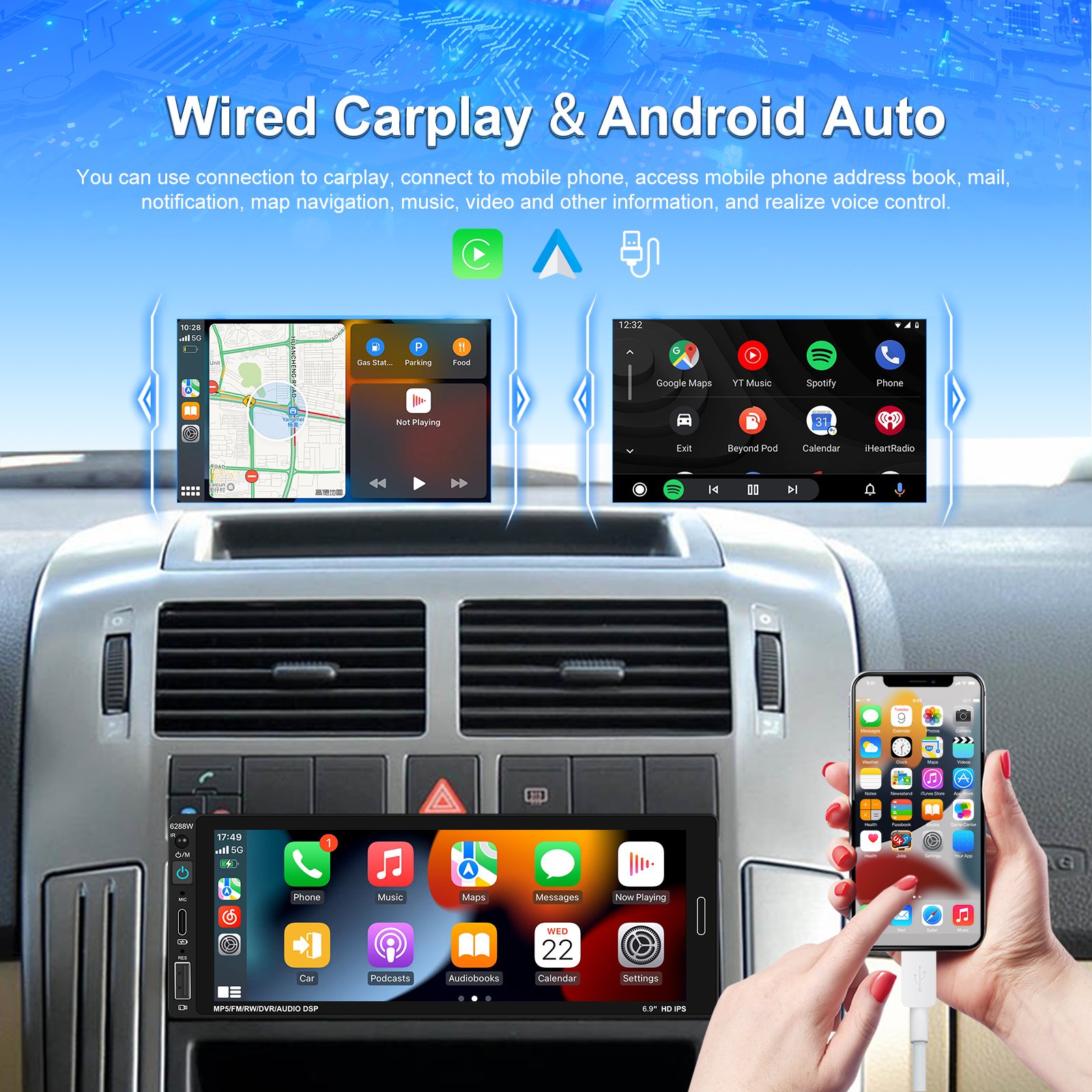 Podofo 6.86 Inch 1Din Car MP5 Player Touch Screen Carplay Android Auto BT TF/USB FM AUX Rear View Car Stereo MP5 Player