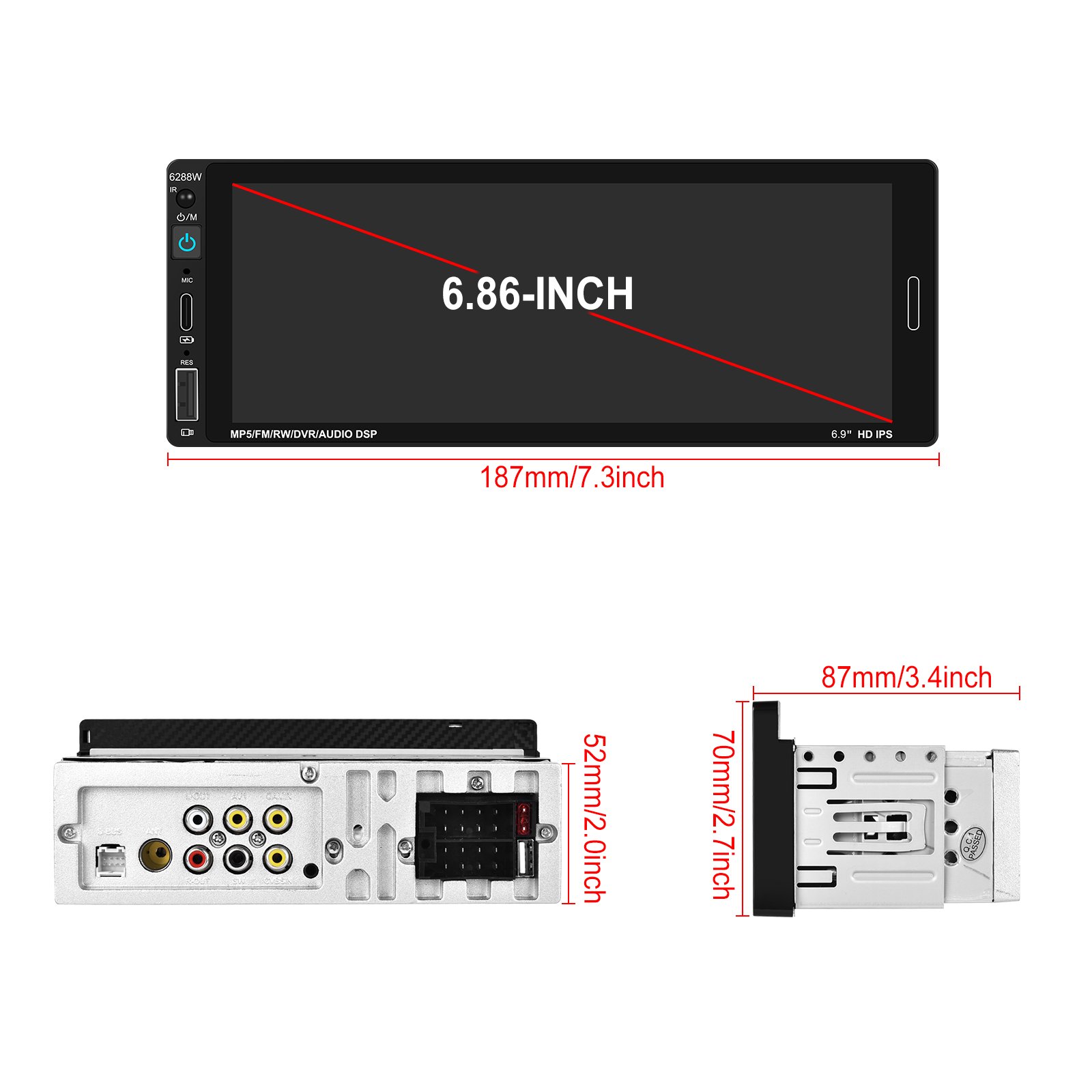 Podofo 6.86 Inch 1Din Car MP5 Player Touch Screen Carplay Android Auto BT TF/USB FM AUX Rear View Car Stereo MP5 Player