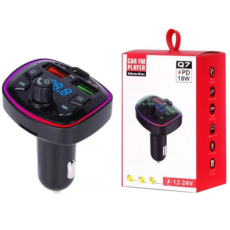 Car Bluetooth 5.0 Charger FM Transmitter PD 18W Type-C Dual USB Ambient Light Cigarette Lighter MP3 Music Player