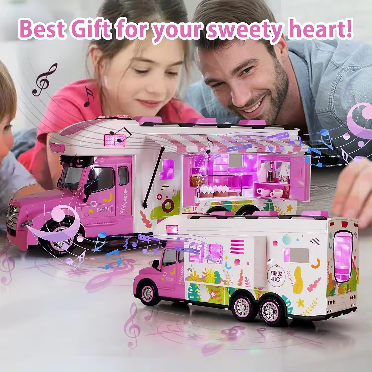 Hot 3-In-1 Pink Rc Truck Indoor DIY Doll House Play Set With Lights Sound Remote Control Bus Pretend Play Toy For Girls Gifts