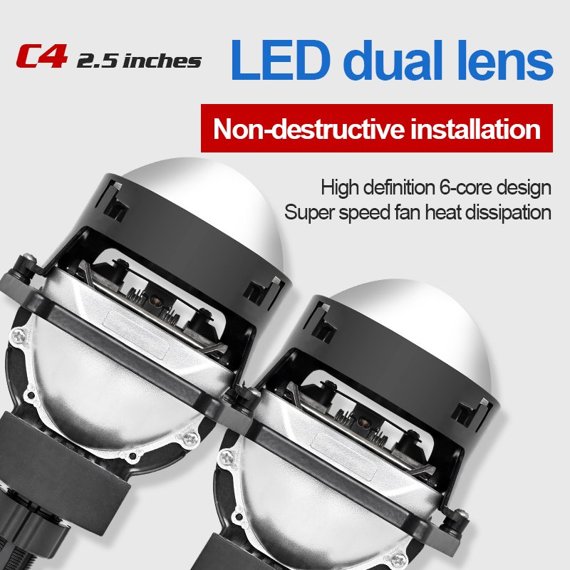 Custom 65W high power car led headlights lenses 2.5 inch bi led projector lens bulbs for car 6500K H4 led car accessories C4