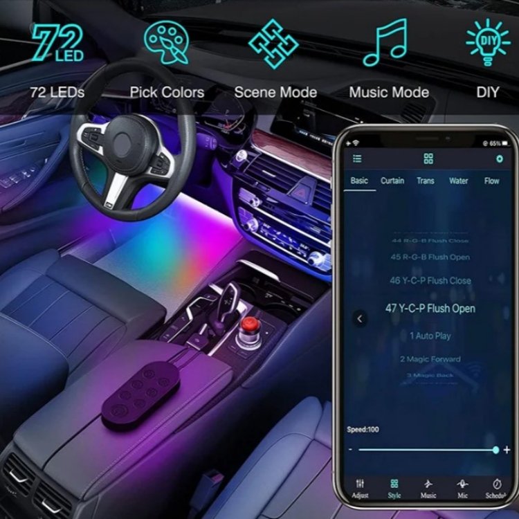 Neon 48 72 LED Car Interior Ambient Foot Well Light with USB Wireless Remote Music App Control Auto RGB Atmosphere Light