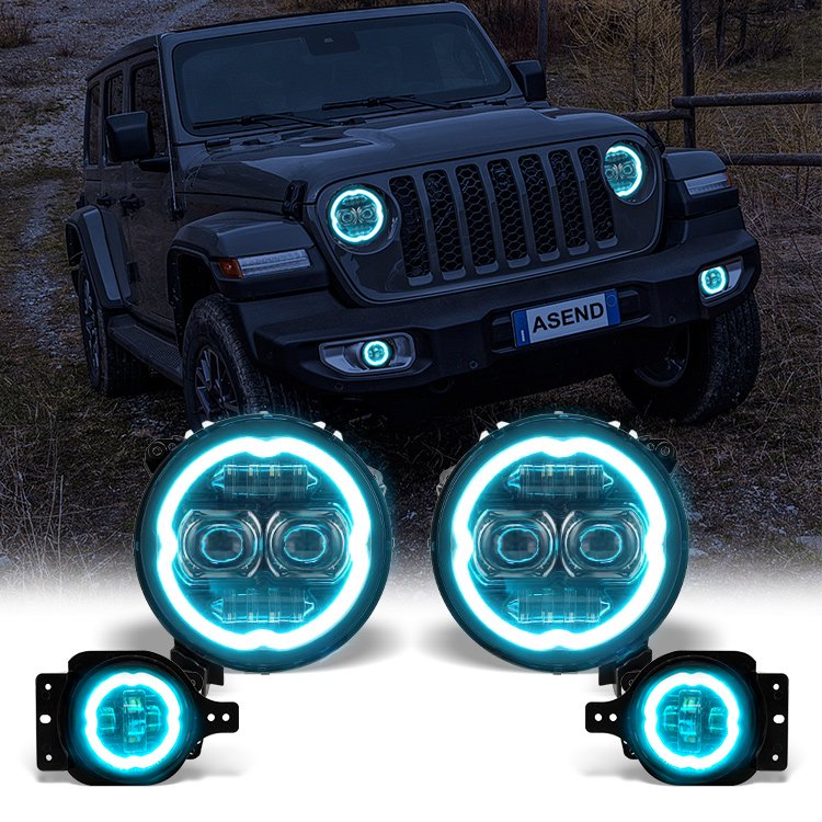 Color Chasing LED Headlight&Foglight Combo RGB Halo for Jeep Wrangler JL Sport Rubicon Sahara Gladiator JT Bluetooth App Control