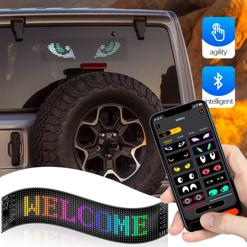 Car Dyamic Devil Eyes Windshield Flexible LED Panel Animation Display Smart Scrolling Message Soft LED Sign Board For Trucks