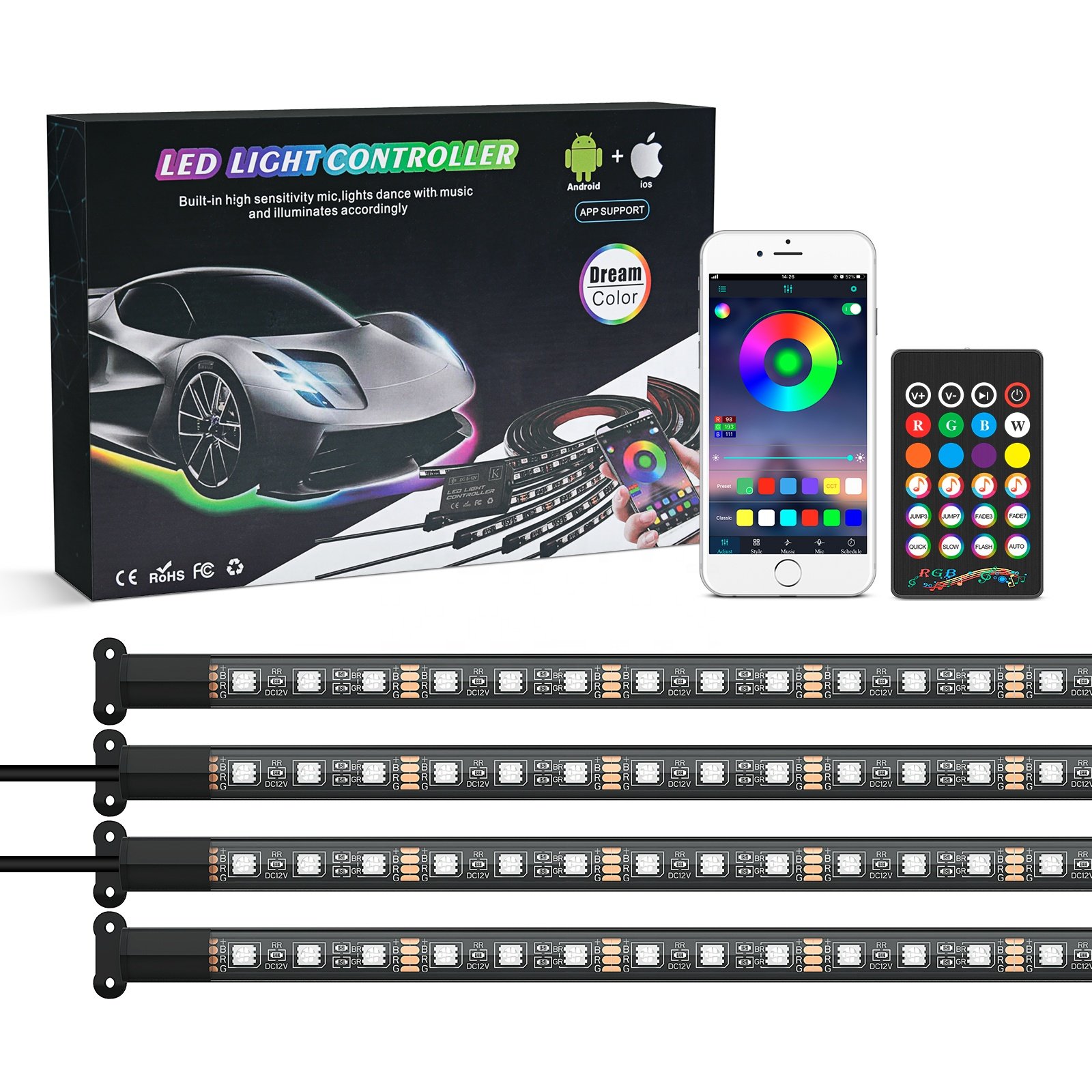 Colorful 12V APP Control Car led Lights Ambient Underglow Lights Exterior Car LED Strip Lights