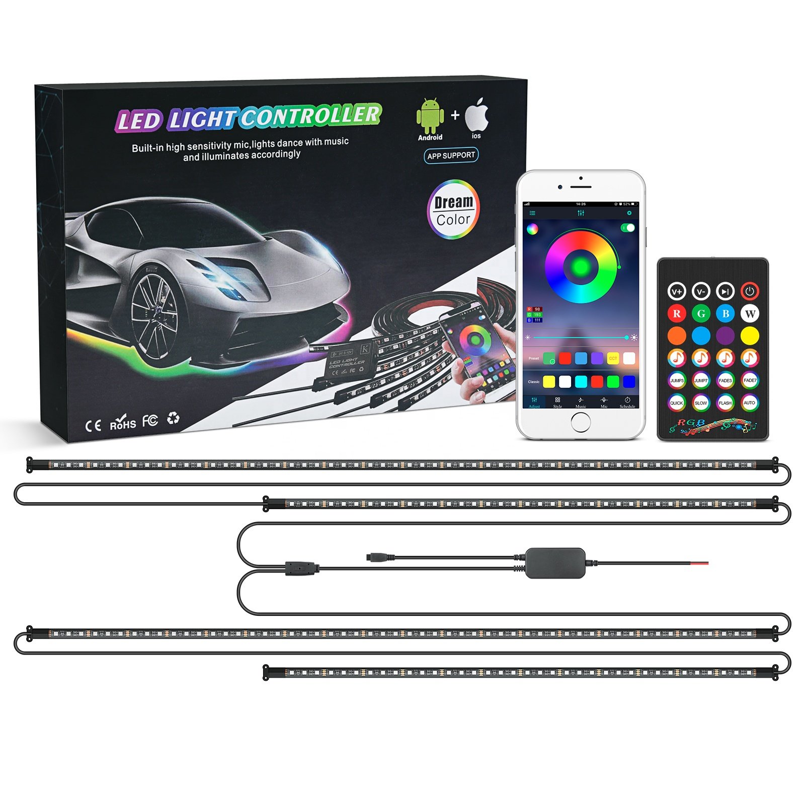 Colorful 12V APP Control Car led Lights Ambient Underglow Lights Exterior Car LED Strip Lights