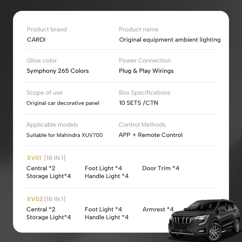 New 12V LED Ambient Light Mahindra XUV700 Plug Play Easy Installation Interior Lighting System Upgrade Car Modification