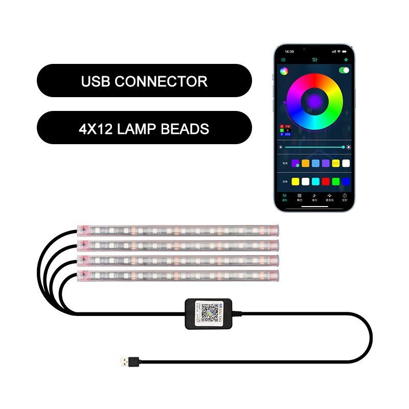 Hot Sale Car Modification Accessories APP Foot Well Ambient Light RGBIC Phantom Flow 48LED USB Light Strip Kit