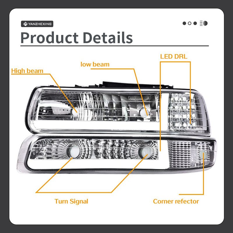 YZX 12V LED DRL Headlights Smoky Lens Black Housing Amber Reflector Compatible Chevy Silverado 1999-2002 New Left+Right Side