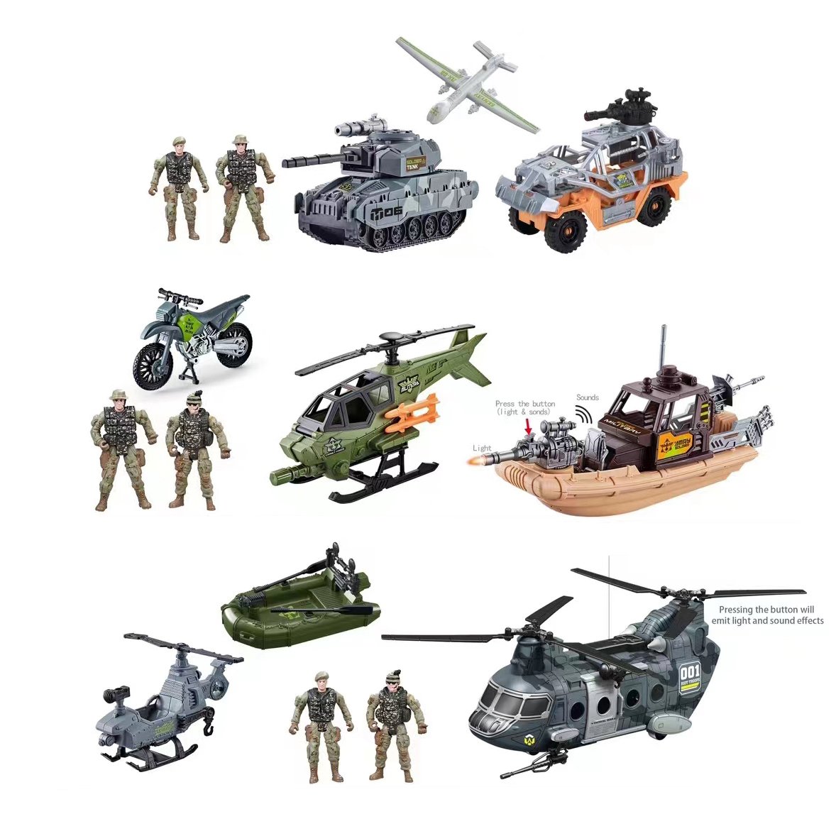 Army Men Toys Realistic Military Truck Helicopter Kayak Boat Motorcycle Action Figures Weapon Gears Gift Toys for Boy Children