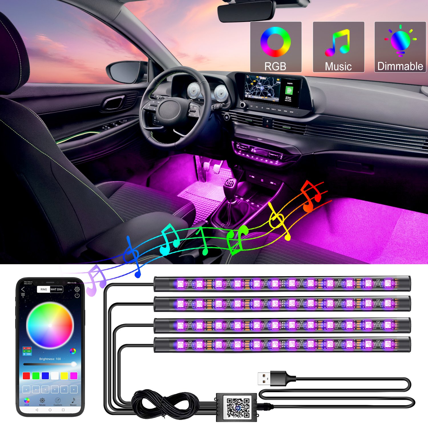 Smart Interior Car Strip Lights USB Type Motion Sensor RGB Flashing Color Remote Car Chassis Lamp Lights