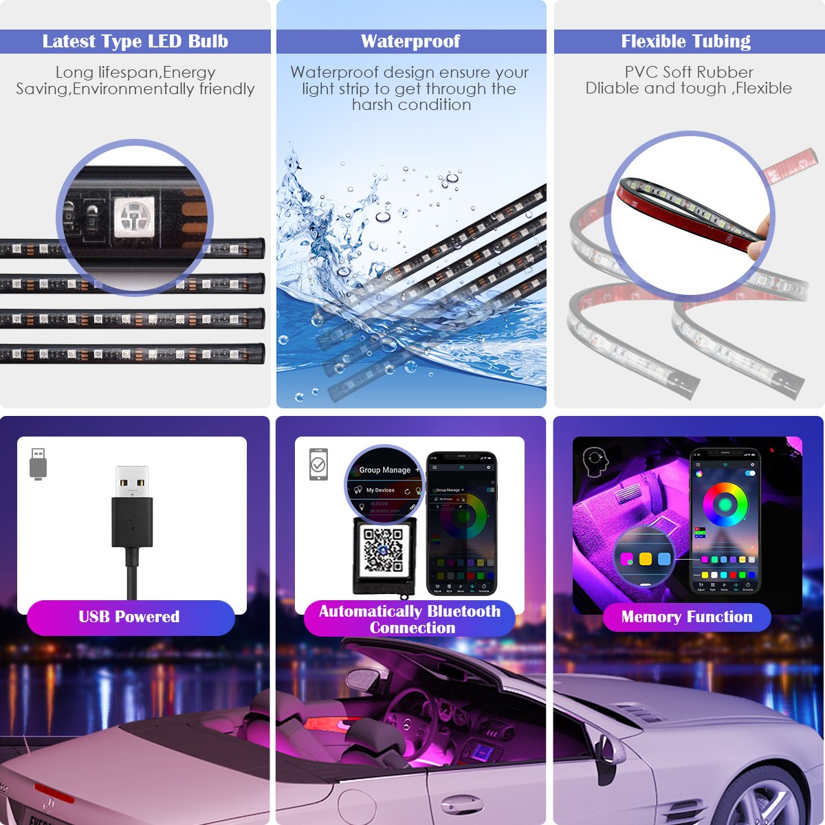 Smart Interior Car Strip Lights USB Type Motion Sensor RGB Flashing Color Remote Car Chassis Lamp Lights