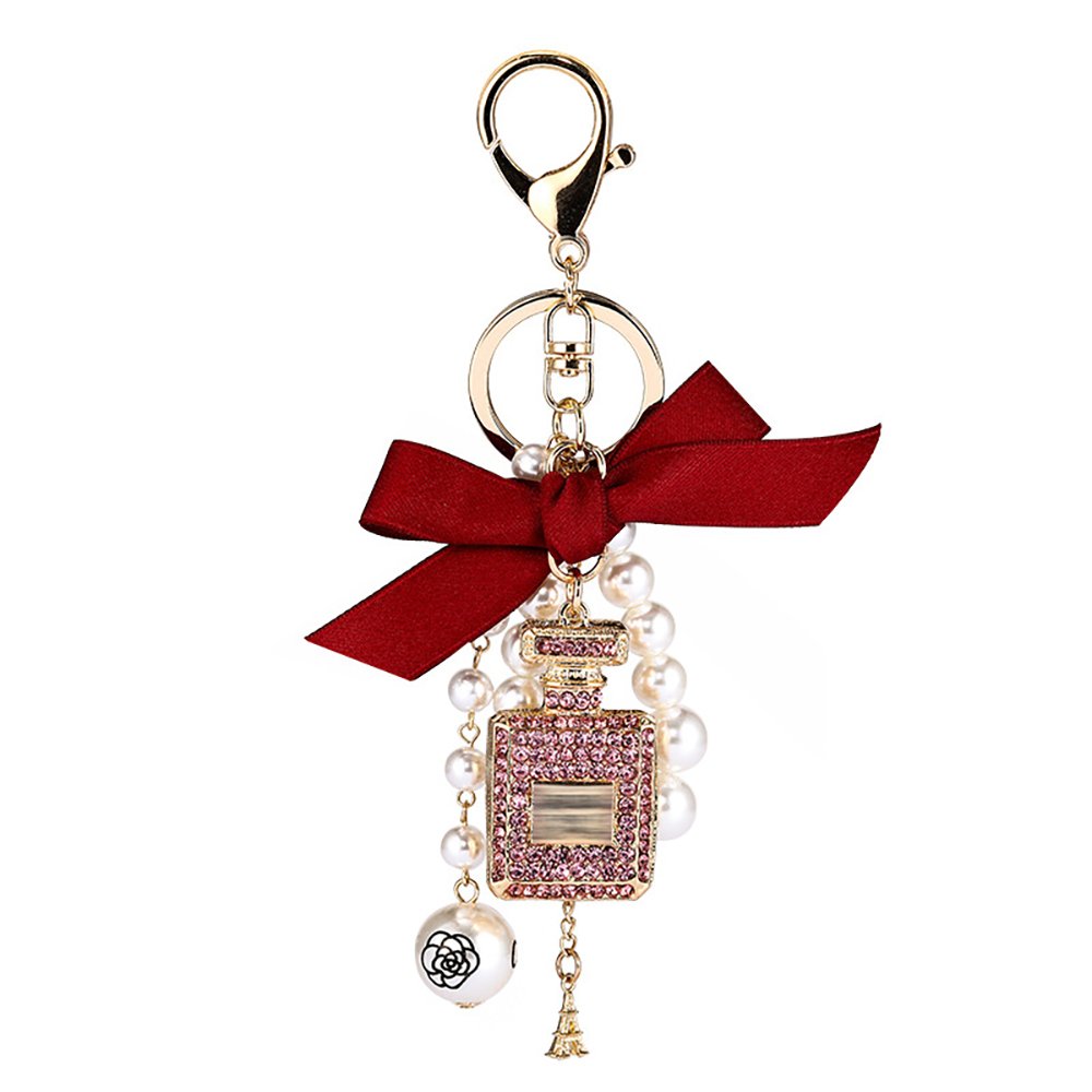 Perfume Bottle Keychain Diamond BowKnot Pearl Beads Key chains Handbag Keyring Women Purse Wallet Girls Car Key Ring bag charms