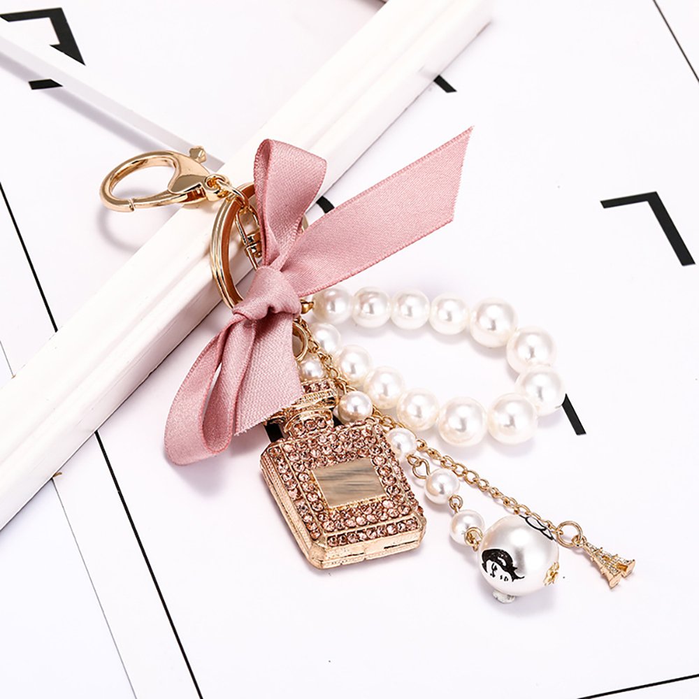 Perfume Bottle Keychain Diamond BowKnot Pearl Beads Key chains Handbag Keyring Women Purse Wallet Girls Car Key Ring bag charms