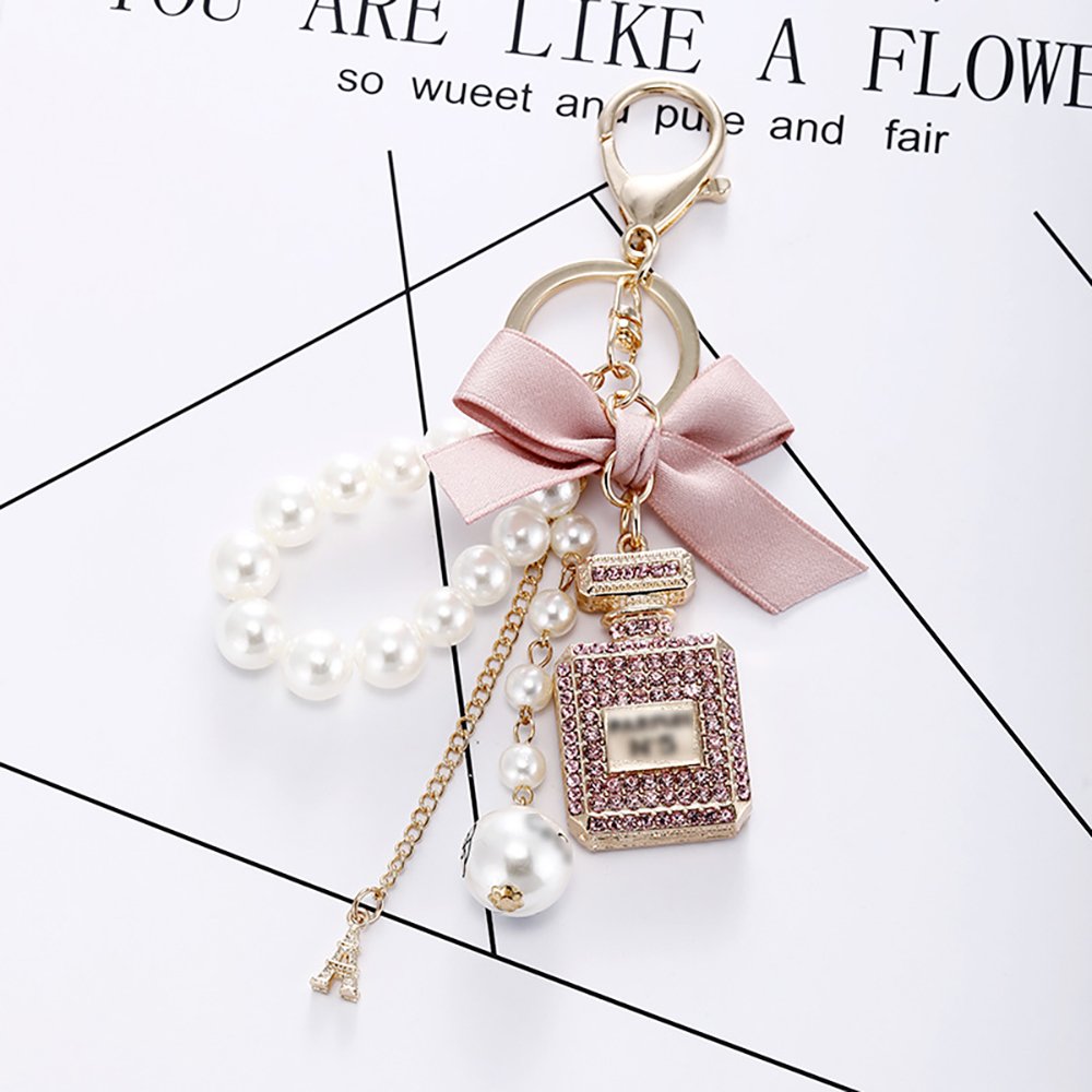 Perfume Bottle Keychain Diamond BowKnot Pearl Beads Key chains Handbag Keyring Women Purse Wallet Girls Car Key Ring bag charms