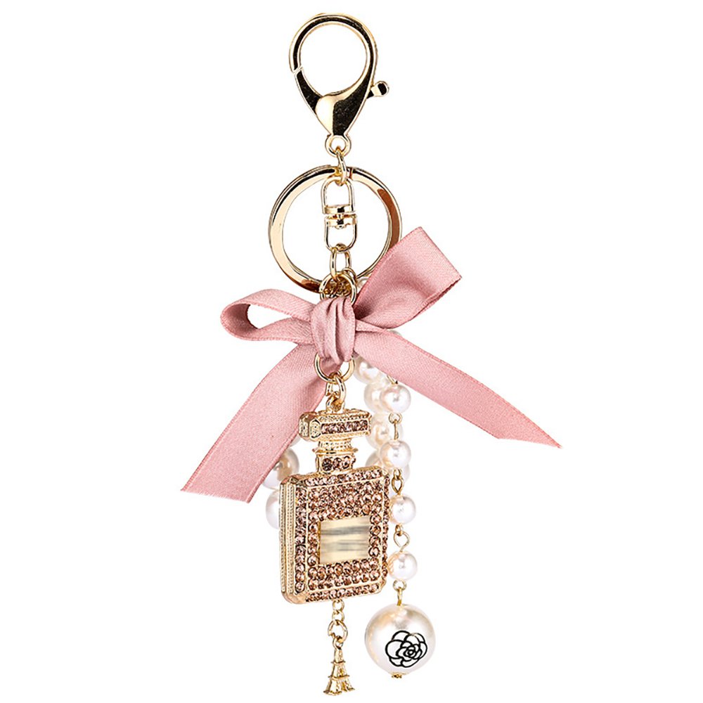 Perfume Bottle Keychain Diamond BowKnot Pearl Beads Key chains Handbag Keyring Women Purse Wallet Girls Car Key Ring bag charms