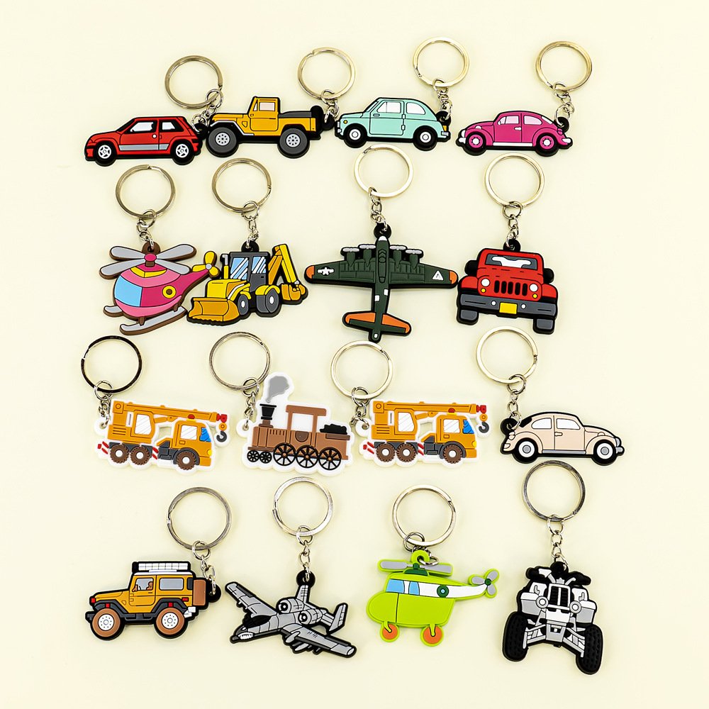 New Arrival Custom Logo Keychain 2D PVC Cartoon Car Airplane Soft Rubber with Iron Metal UV Printed Keychain Customizable