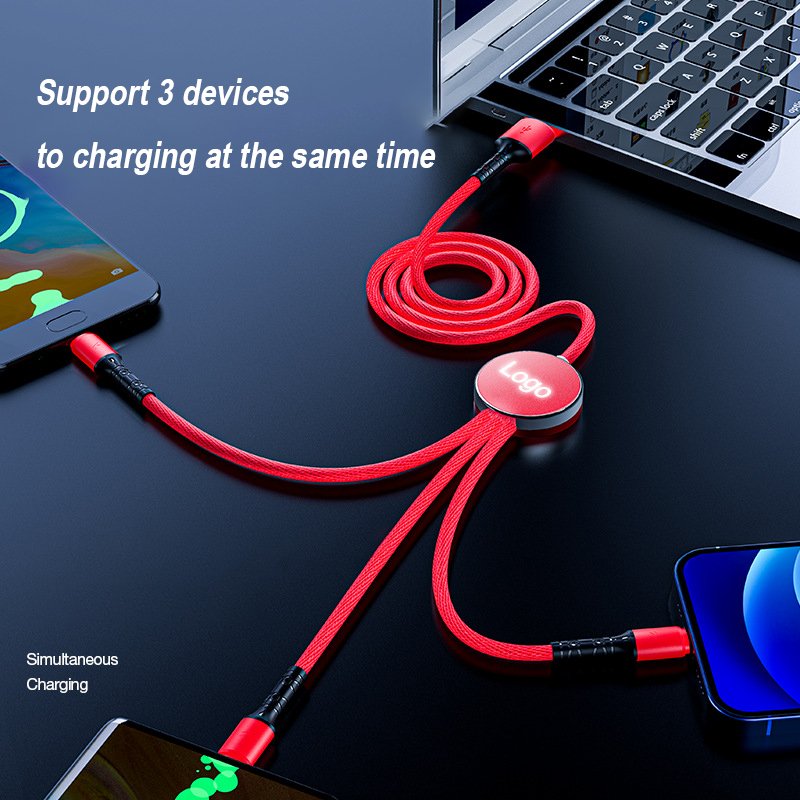 Factory price 3 in 1 Cable Hot Selling Cellphone Accessories USB to Type-c Data Cable Fast Charging mobile with Luminous logo