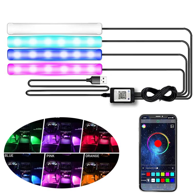 Dream color Car Interior Lights 4 in 1 LED Floor Decorative Foot Light With Music App Control Neon Auto Ambient Light For Car