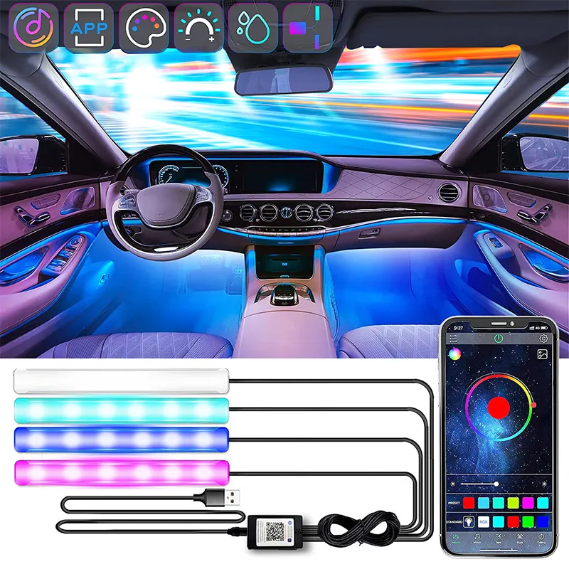 Dream color Car Interior Lights 4 in 1 LED Floor Decorative Foot Light With Music App Control Neon Auto Ambient Light For Car