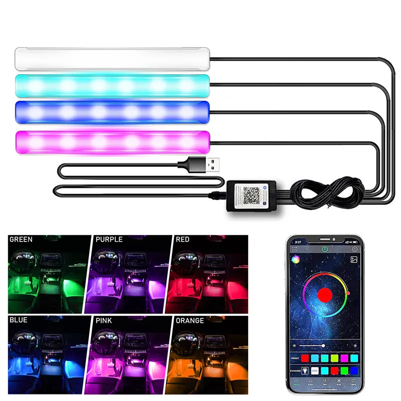Dream color Car Interior Lights 4 in 1 LED Floor Decorative Foot Light With Music App Control Neon Auto Ambient Light For Car