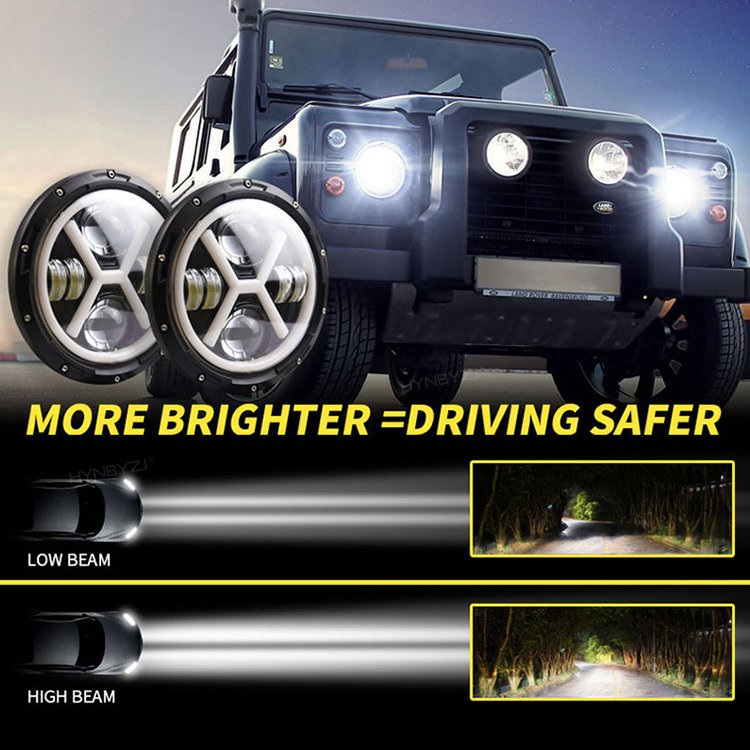 50W 7 Inch round headlight Angel Eye LED Headlight with Hi/Lo Beam DRL Amber Halo Ring for Off-Road Car JK TJ LJ