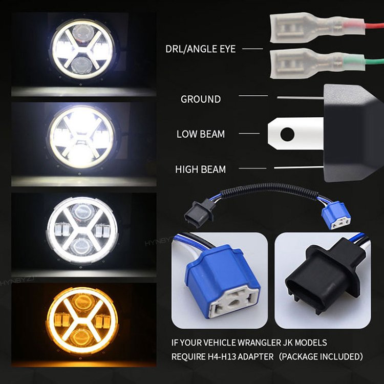 50W 7 Inch round headlight Angel Eye LED Headlight with Hi/Lo Beam DRL Amber Halo Ring for Off-Road Car JK TJ LJ