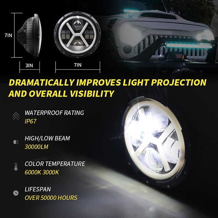 50W 7 Inch round headlight Angel Eye LED Headlight with Hi/Lo Beam DRL Amber Halo Ring for Off-Road Car JK TJ LJ