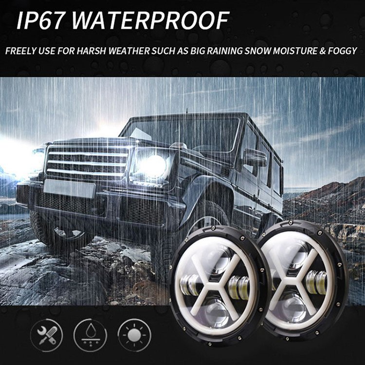 50W 7 Inch round headlight Angel Eye LED Headlight with Hi/Lo Beam DRL Amber Halo Ring for Off-Road Car JK TJ LJ