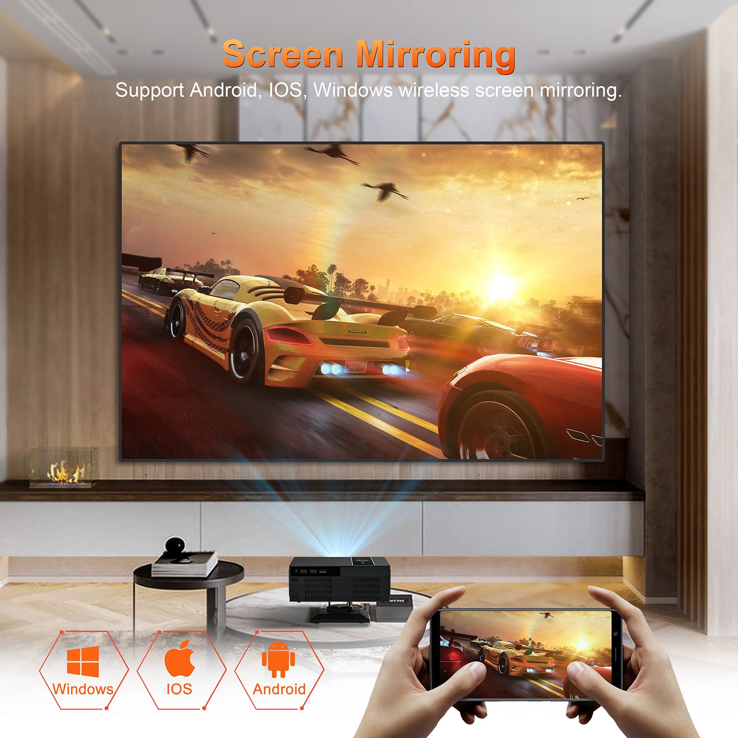 Yinzam X6 Projector, 1080p Native 2D Gimbal Auto Focus Keystone 2GB 16GB Wireless Home Video Overhead Voice Control Projectors