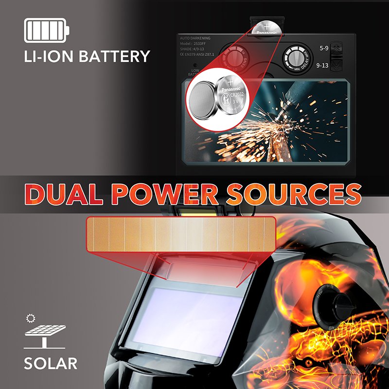 TRQ Solar + Replaceable Battery Welding Hood with 4 Arc Sensors Adjustable Shadow DIN5-9/9-13 Auto Darkening Welding Helmet