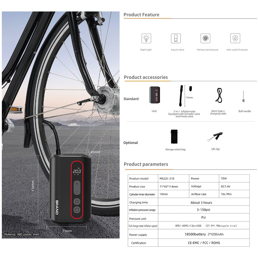 Efficient Portable Digital Electric Air Pump Wireless Tire Inflator for Bicycle Car and Ball With Customizable Pressure Settings